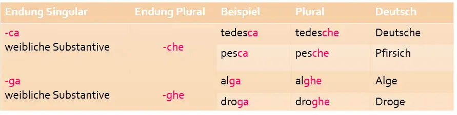 Plural bei Endung -ca / ga: Endet wein weibliches Substantiv auf -ca bzw. -ga, so wird im Plural immer ein h eingeschoben.