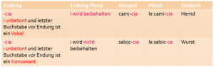 Plural bei Endung -cia: Bei manchen Substantiven wird das i im Plural beibehalten und bei anderen nicht.