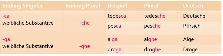 Plural bei Endung -ca / ga: Endet wein weibliches Substantiv auf -ca bzw. -ga, so wird im Plural immer ein h eingeschoben.